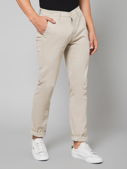 Cantabil Men Beige Cotton Blend Self Design Regular Fit Casual Trouser (7133181378699)