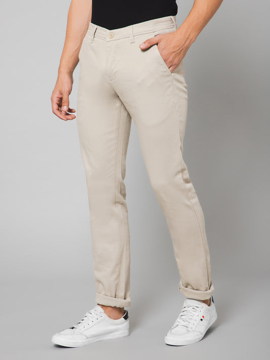Cantabil Men Beige Cotton Blend Self Design Regular Fit Casual Trouser (7133181378699)