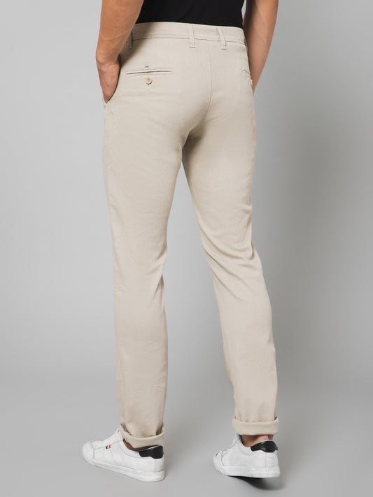 Cantabil Men Beige Cotton Blend Self Design Regular Fit Casual Trouser (7133181378699)