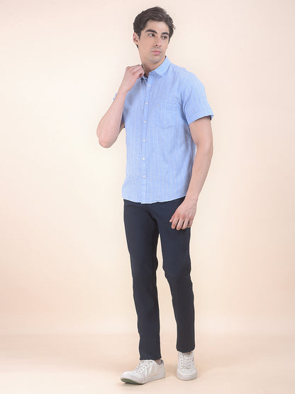 Men's Dark Blue Self Design Smart Fit Casual Trouser
