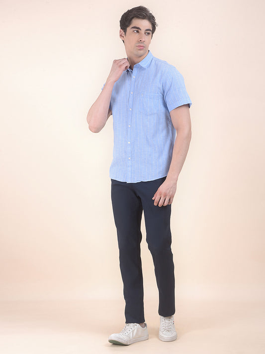 Men's Dark Blue Self Design Smart Fit Casual Trouser