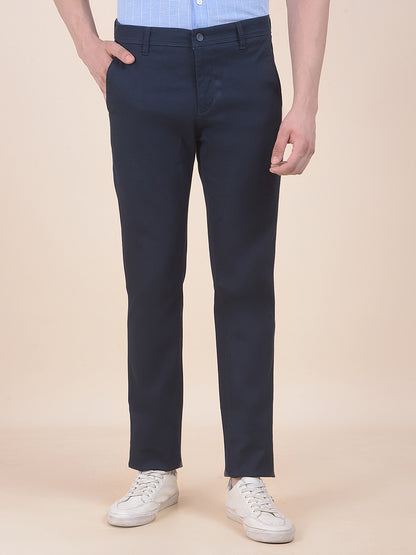 Men's Dark Blue Self Design Smart Fit Casual Trouser
