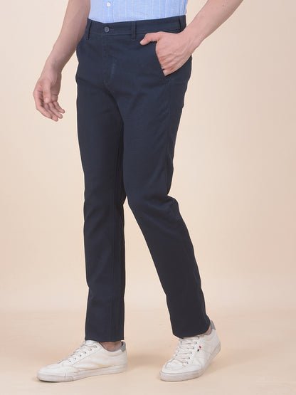 Men's Dark Blue Self Design Smart Fit Casual Trouser