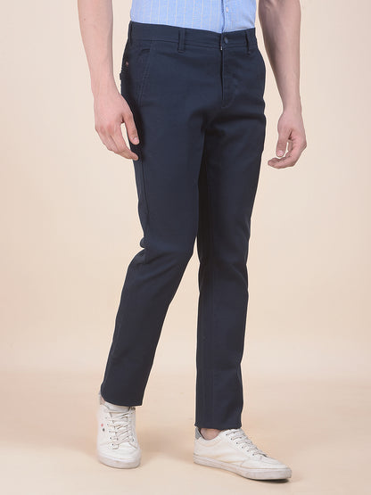 Men's Dark Blue Self Design Smart Fit Casual Trouser