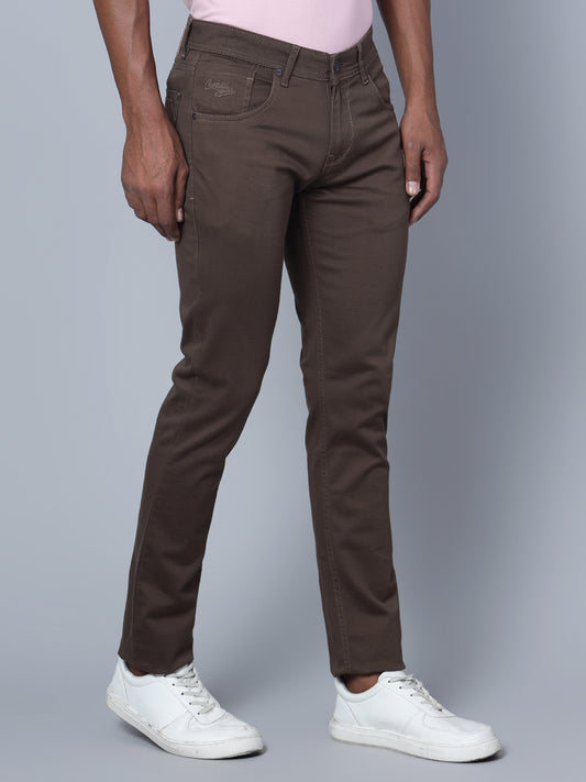 Cantabil Men Brown Cotton Blend Self Design Regular Fit Casual Trouser (7135788171403)