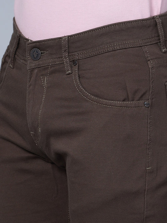 Cantabil Men Brown Cotton Blend Self Design Regular Fit Casual Trouser (7135788171403)