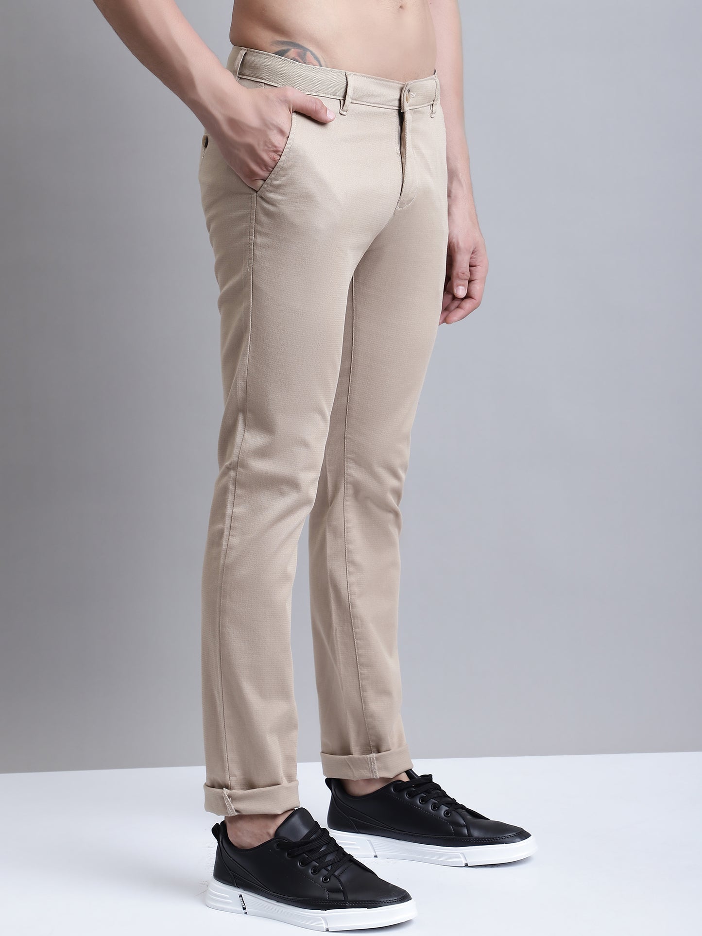 Cantabil Men Khaki Self Design  Casual Trouser (7156133724299)