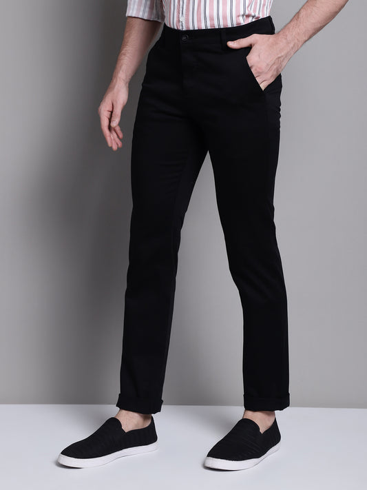 Cantabil Black Solid Non Pleated Regular Fit Mid Rise Casual Trousers for Men (7162820231307)