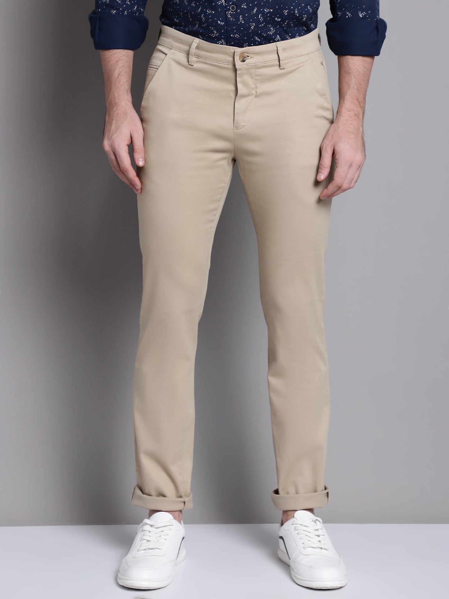 Cantabil Khaki Solid Non Pleated Regular Fit Mid Rise Casual Trousers for Men (7162821116043)