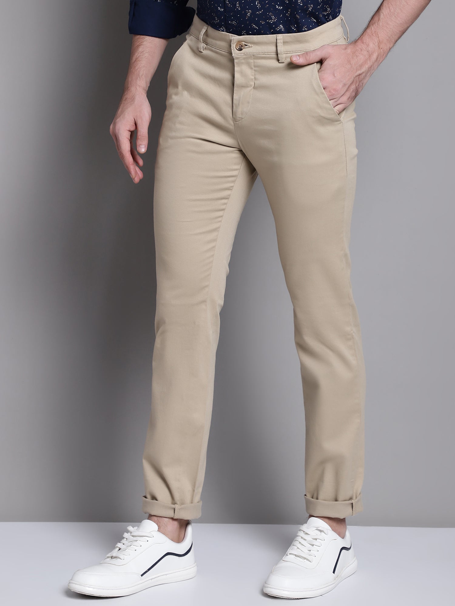 Cantabil Khaki Solid Non Pleated Regular Fit Mid Rise Casual Trousers for Men (7162821116043)