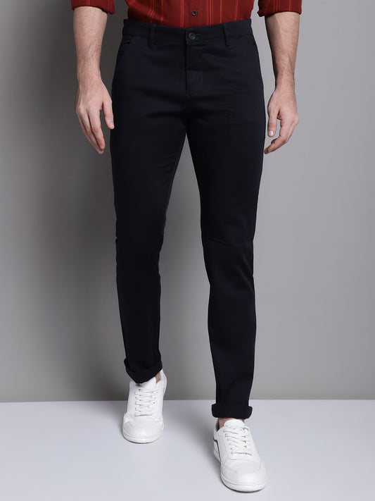 Cantabil Navy Blue Solid Non Pleated Regular Fit Mid Rise Casual Trousers for Men (7162821214347)