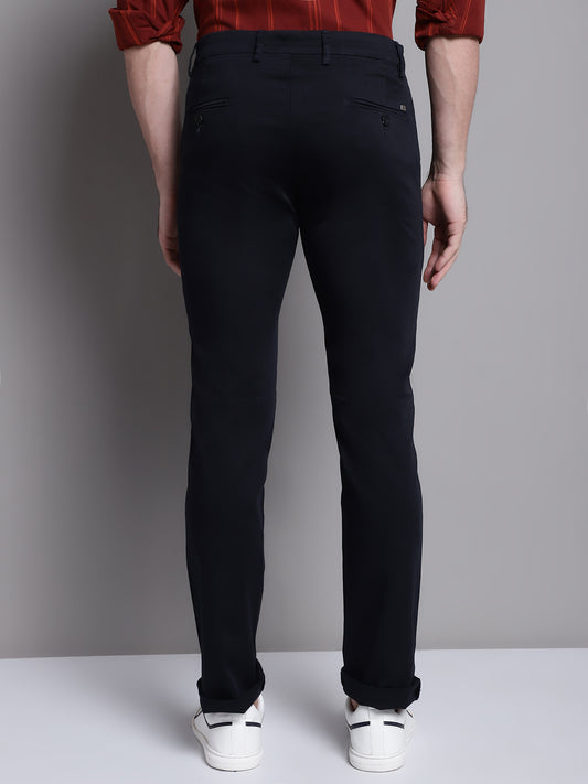 Cantabil Navy Blue Solid Non Pleated Regular Fit Mid Rise Casual Trousers for Men (7162821214347)