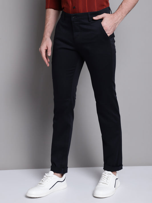 Cantabil Navy Blue Solid Non Pleated Regular Fit Mid Rise Casual Trousers for Men (7162821214347)