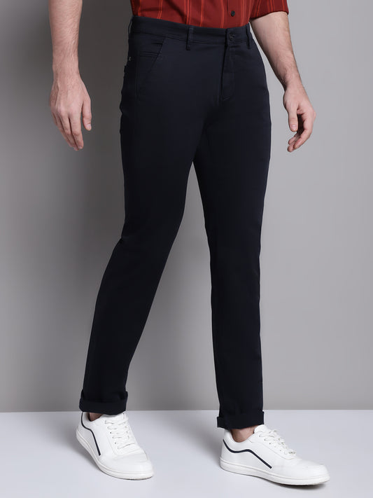Cantabil Navy Blue Solid Non Pleated Regular Fit Mid Rise Casual Trousers for Men (7162821214347)