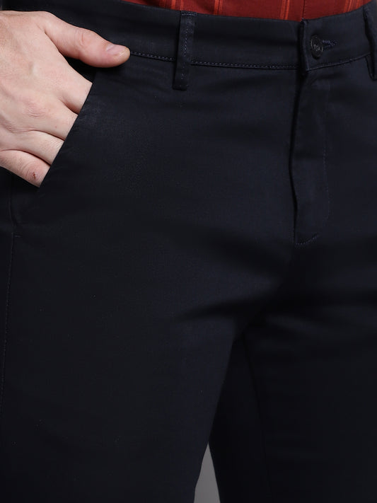 Cantabil Navy Blue Solid Non Pleated Regular Fit Mid Rise Casual Trousers for Men (7162821214347)