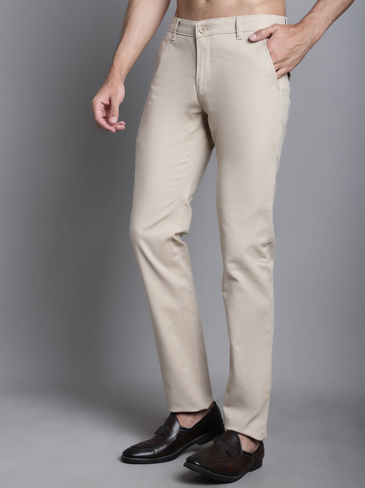 Cantabil Beige Solid Non Pleated Regular Fit Mid Rise Casual Trousers for Men (7165643915403)
