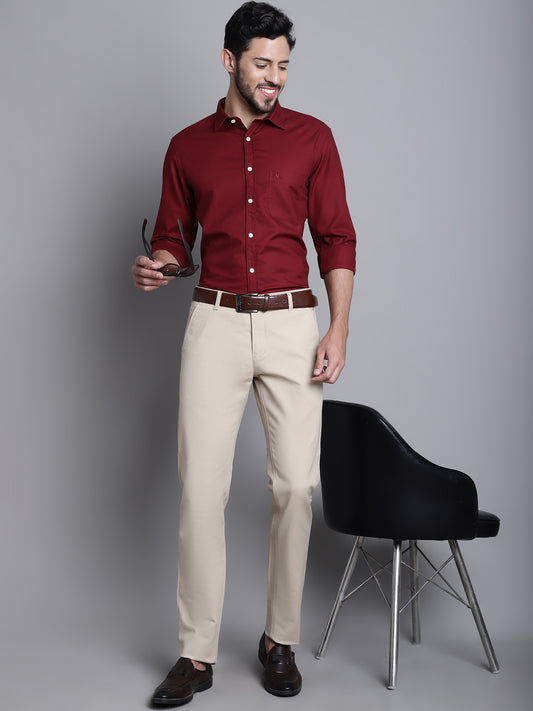 Cantabil Beige Solid Non Pleated Regular Fit Mid Rise Casual Trousers for Men (7165643915403)