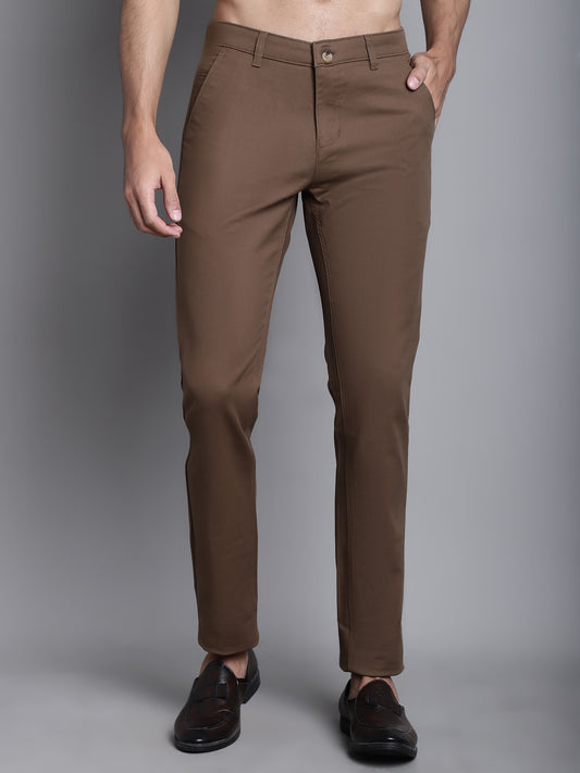 Cantabil Brown Solid Non Pleated Regular Fit Mid Rise Casual Trousers for Men (7165645095051)