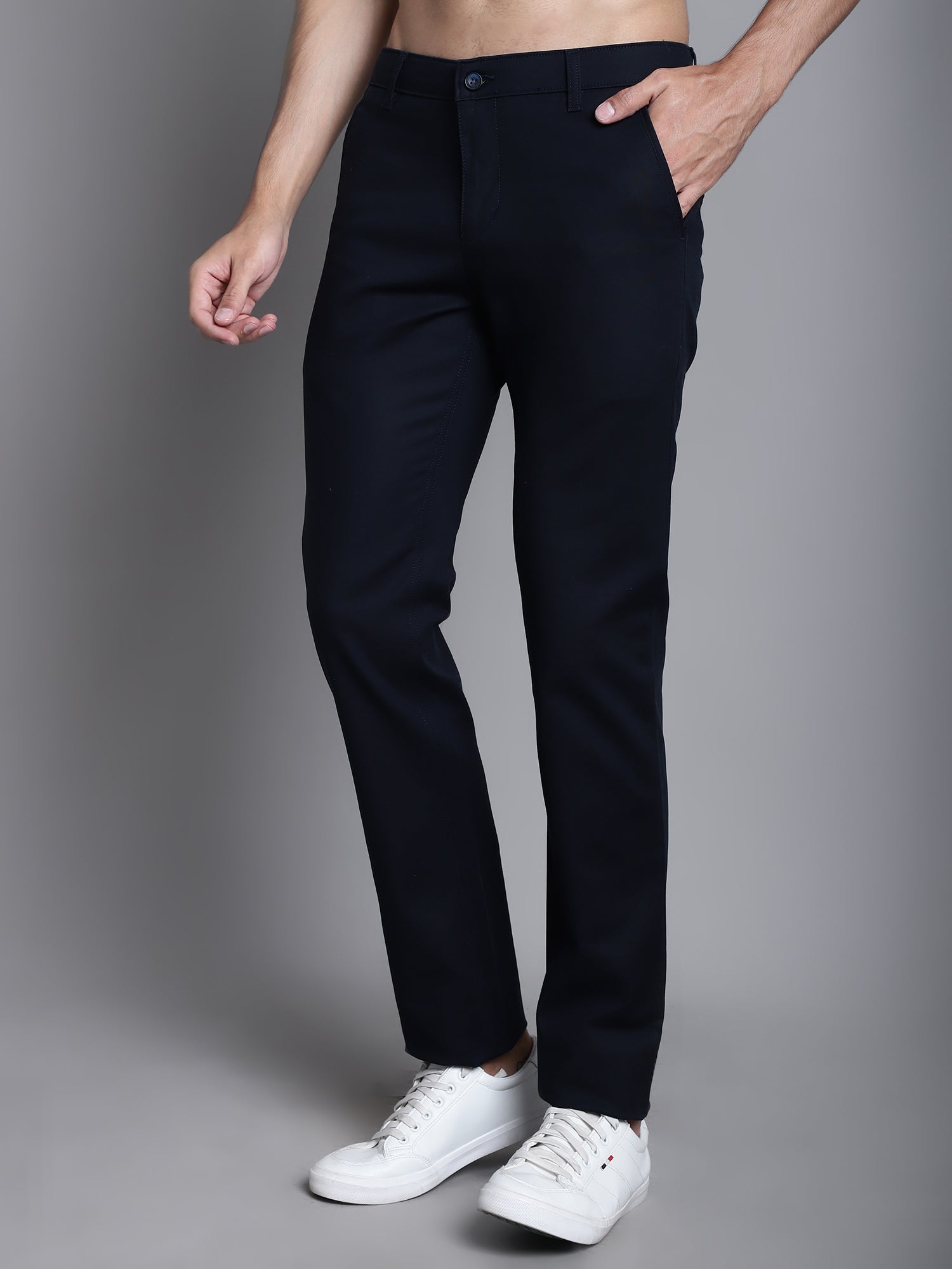 Cantabil Navy Blue Solid Non Pleated Regular Fit Mid Rise Casual Trousers for Men (7165905076363)