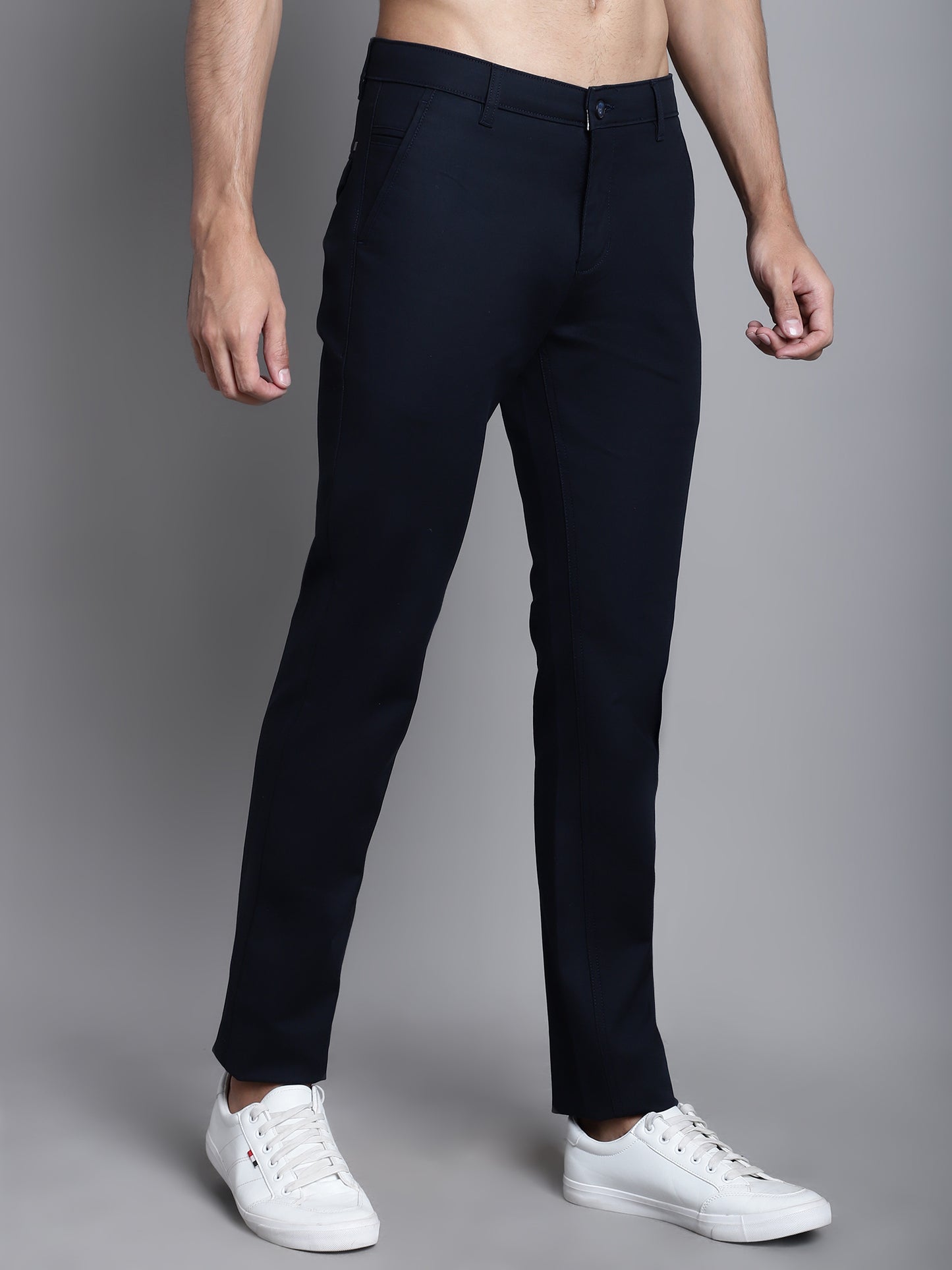 Cantabil Navy Blue Solid Non Pleated Regular Fit Mid Rise Casual Trousers for Men (7165905076363)