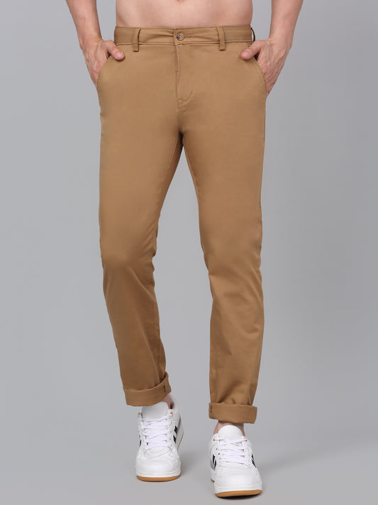 Men's Khaki Self-Design Non-Pleated Stretchable Casual Trouser