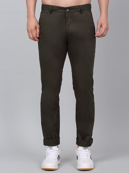 Men's Dark Green Self-Design Non-Pleated Stretchable Casual Trouser