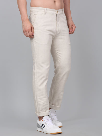 Men's Beige Checkered Non-Pleated Casual Trouser