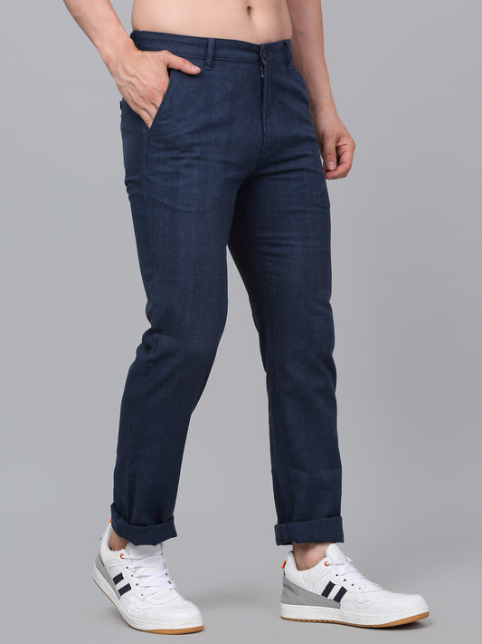 Men's Blue Checkered Non-Pleated Casual Trouser