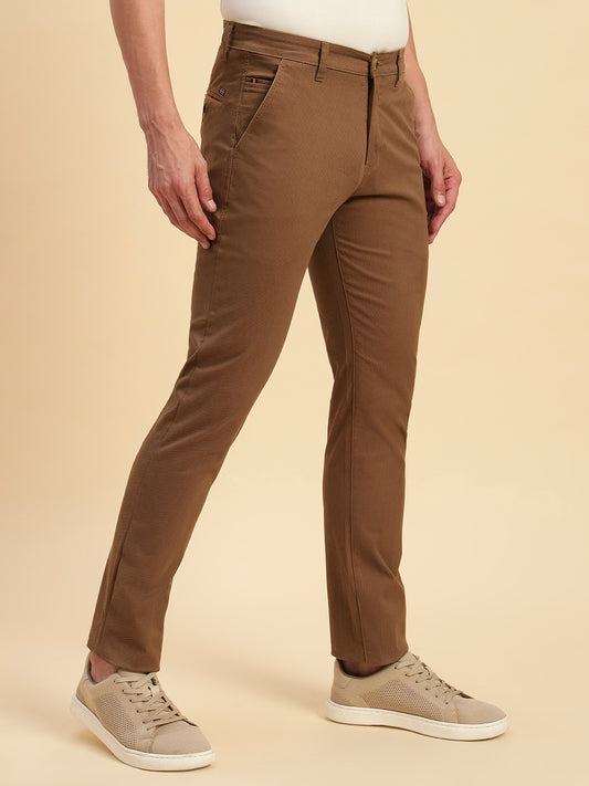 Casual Trouser for Men | Breathable & Soft with Color Fastness Regular Fit Cotton Blend Fabric Self Design Pattern Button Closure