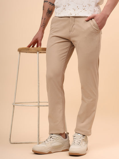 Casual Trouser for Men | Breathable & Soft with Color Fastness Regular Fit Polyester Fabric Self Design Pattern Button Closure