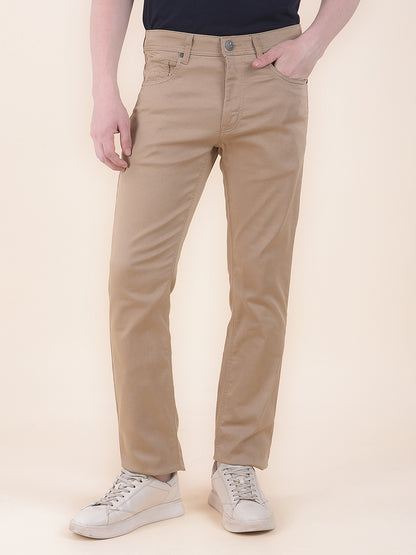 Men's Khaki Solid Smart Fit Casual Trouser