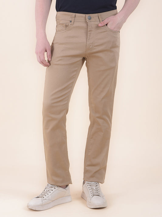 Men's Khaki Solid Smart Fit Casual Trouser