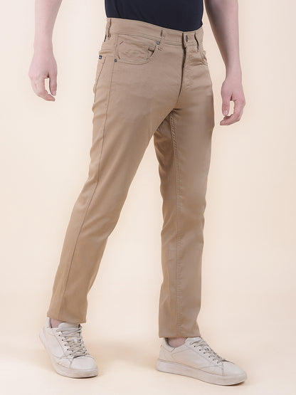Men's Khaki Solid Smart Fit Casual Trouser