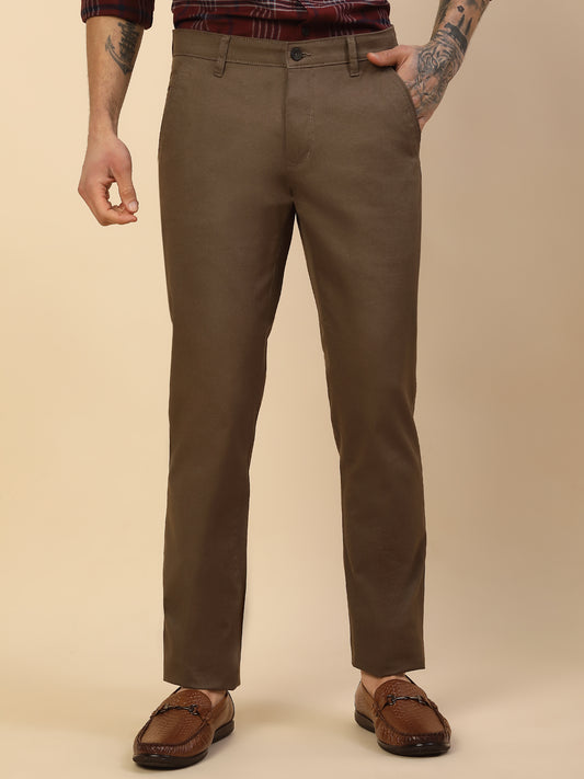 Casual Trouser for Men | Breathable & Soft with Color Fastness Regular Fit Cotton Blend Fabric Self Design Pattern Button Closure