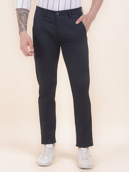 Men's Navy Self Design Smart Fit Casual Trouser