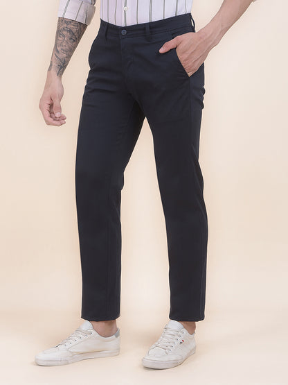 Men's Navy Self Design Smart Fit Casual Trouser