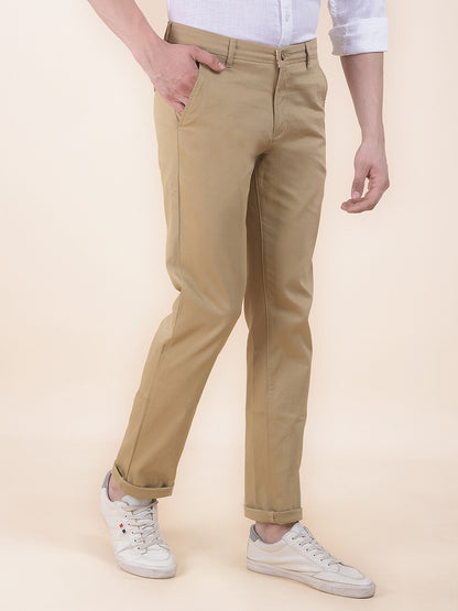 Men's Khaki Self Design Smart Fit Casual Trouser