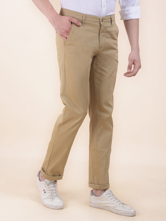 Men's Khaki Self Design Smart Fit Casual Trouser