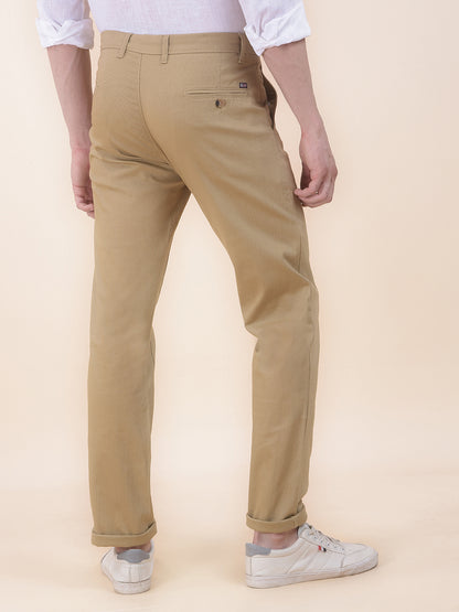 Men's Khaki Self Design Smart Fit Casual Trouser