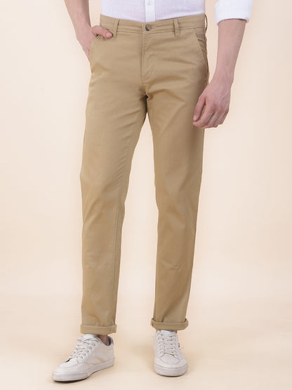Men's Khaki Self Design Smart Fit Casual Trouser