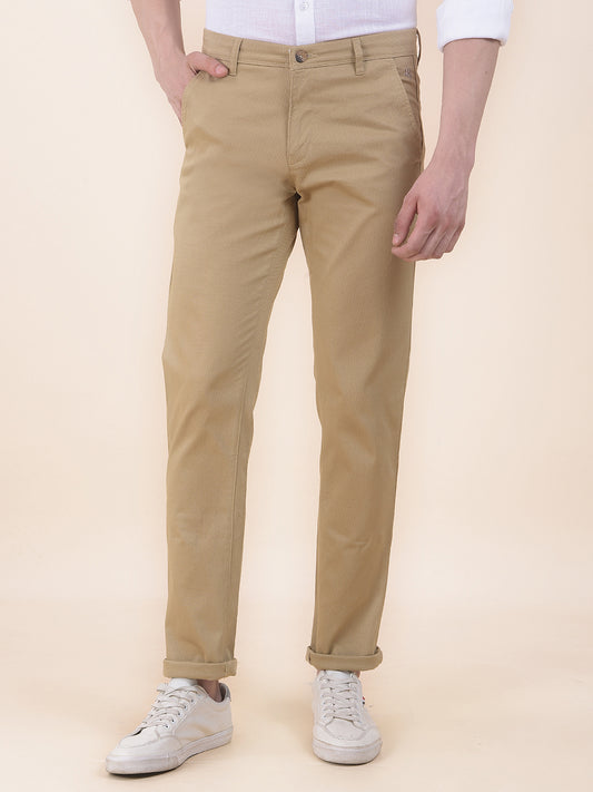Men's Khaki Self Design Smart Fit Casual Trouser