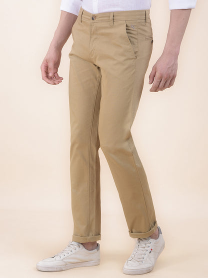 Men's Khaki Self Design Smart Fit Casual Trouser