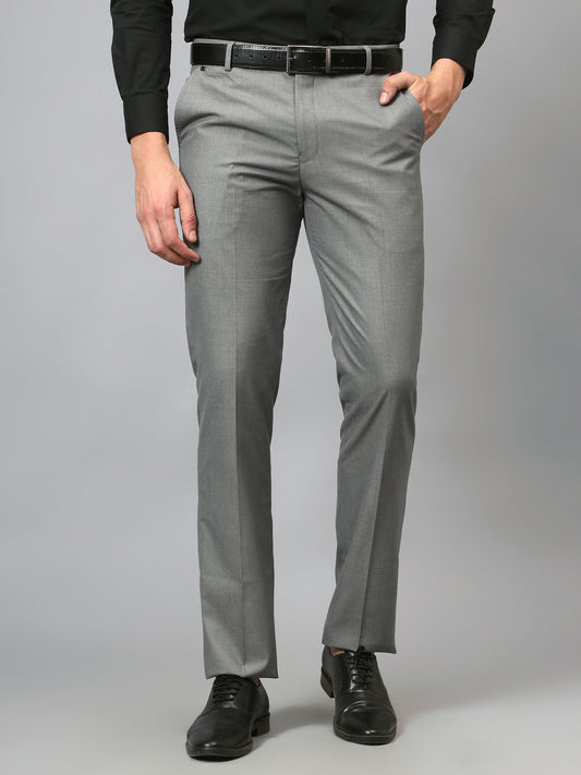 Men's Dark Grey Regular Fit Self Design Formal Trouser