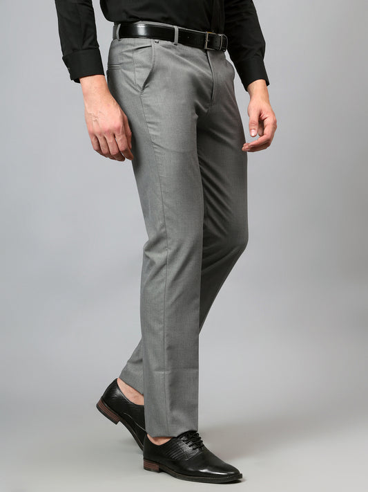 Men's Dark Grey Regular Fit Self Design Formal Trouser