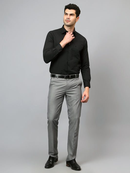 Men's Dark Grey Regular Fit Self Design Formal Trouser