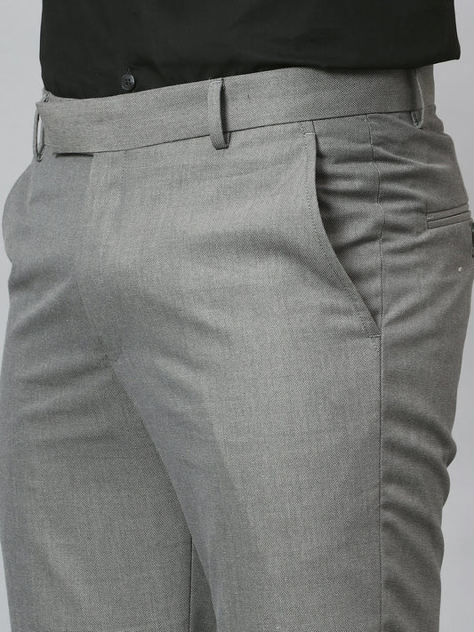 Men's Dark Grey Regular Fit Self Design Formal Trouser