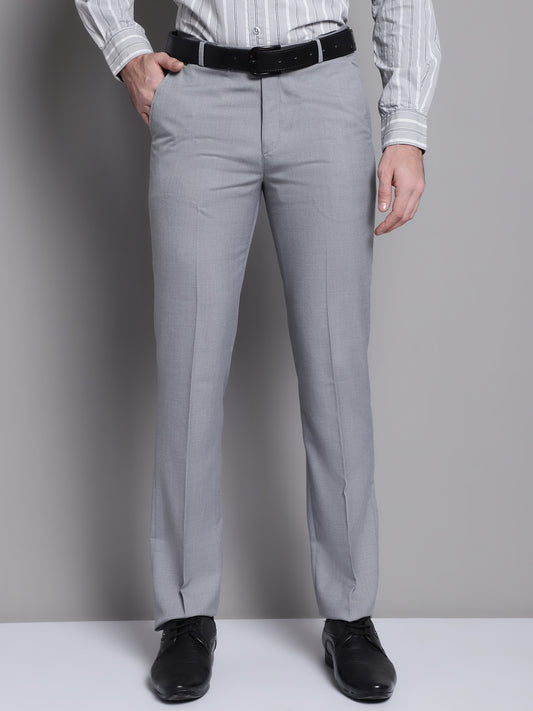 Cantabil Grey Self Design Non Pleated Regular Fit Mid Rise Formal Trousers for Men (7162826457227)