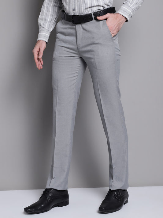 Cantabil Grey Self Design Non Pleated Regular Fit Mid Rise Formal Trousers for Men (7162826457227)