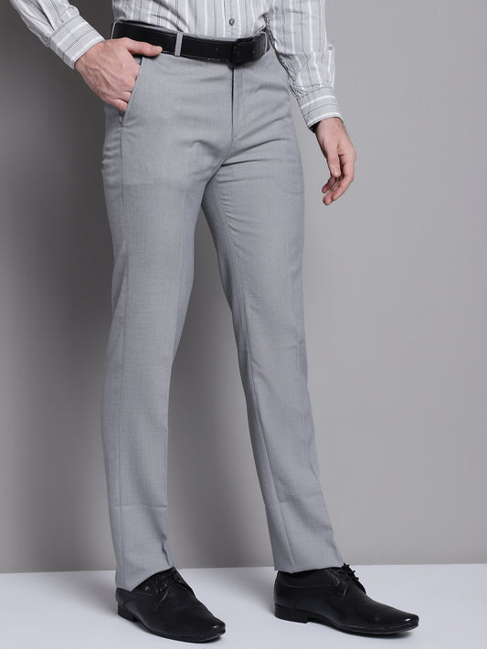 Cantabil Grey Self Design Non Pleated Regular Fit Mid Rise Formal Trousers for Men (7162826457227)