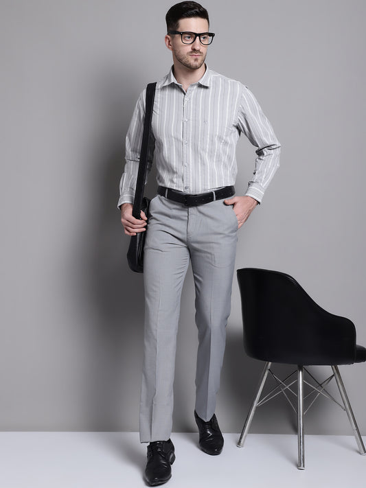 Cantabil Grey Self Design Non Pleated Regular Fit Mid Rise Formal Trousers for Men (7162826457227)
